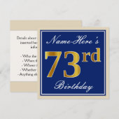 Elegant, blauw, Faux Gold 73rd Birthday + naam Kaart (Voorkant / Achterkant)