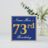 Elegant, blauw, Faux Gold 73rd Birthday + naam Kaart (Staand voorkant)