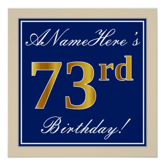 Elegant, blauw, Faux Gold 73rd Birthday + naam Perfect Poster (Voorkant)