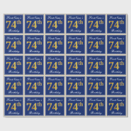 Elegant, blauw, Faux Gold 74th Birthday + naam Cadeaupapier