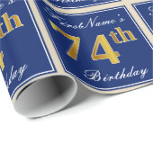 Elegant, blauw, Faux Gold 74th Birthday + naam Cadeaupapier (Rol Hoek)