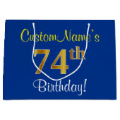 Elegant, blauw, Faux Gold 74th Birthday + naam Groot Cadeauzakje (Voorkant)