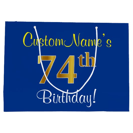 Elegant, blauw, Faux Gold 74th Birthday + naam Groot Cadeauzakje (Achterkant)