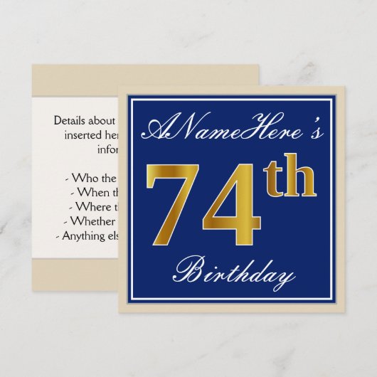 Elegant, blauw, Faux Gold 74th Birthday + naam Kaart (Voorkant / Achterkant)