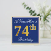 Elegant, blauw, Faux Gold 74th Birthday + naam Kaart (Staand voorkant)