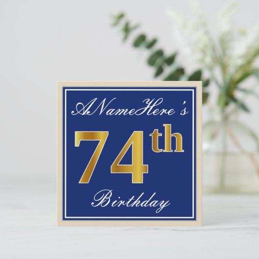 Elegant, blauw, Faux Gold 74th Birthday + naam Kaart (Staand voorkant)