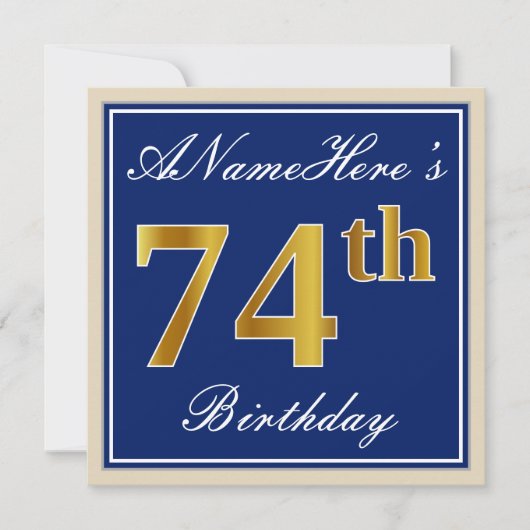 Elegant, blauw, Faux Gold 74th Birthday + naam Kaart (Voorkant)