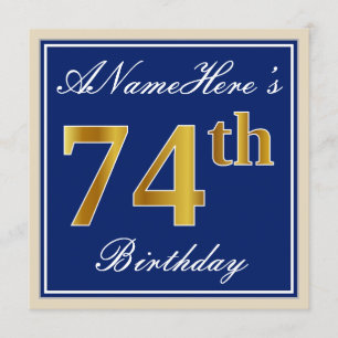 Elegant, blauw, Faux Gold 74th Birthday + naam Kaart