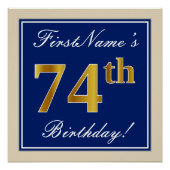 Elegant, blauw, Faux Gold 74th Birthday + naam Perfect Poster (Voorkant)