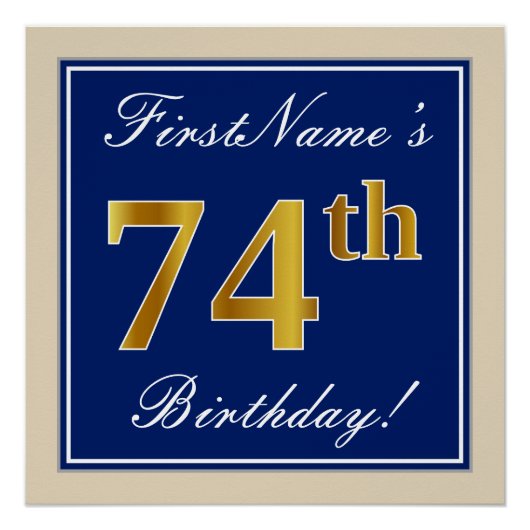 Elegant, blauw, Faux Gold 74th Birthday + naam Perfect Poster (Voorkant)
