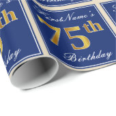 Elegant, blauw, Faux Gold 75th Birthday + naam Cadeaupapier (Rol Hoek)