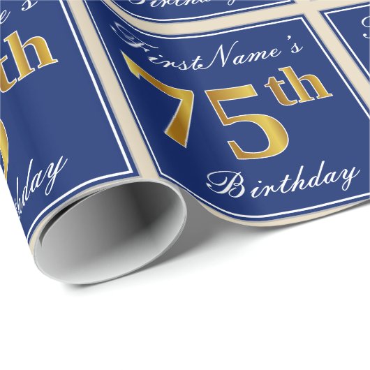 Elegant, blauw, Faux Gold 75th Birthday + naam Cadeaupapier (Rol Hoek)