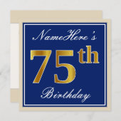 Elegant, blauw, Faux Gold 75th Birthday + naam Kaart (Voorkant / Achterkant)