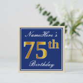 Elegant, blauw, Faux Gold 75th Birthday + naam Kaart (Staand voorkant)