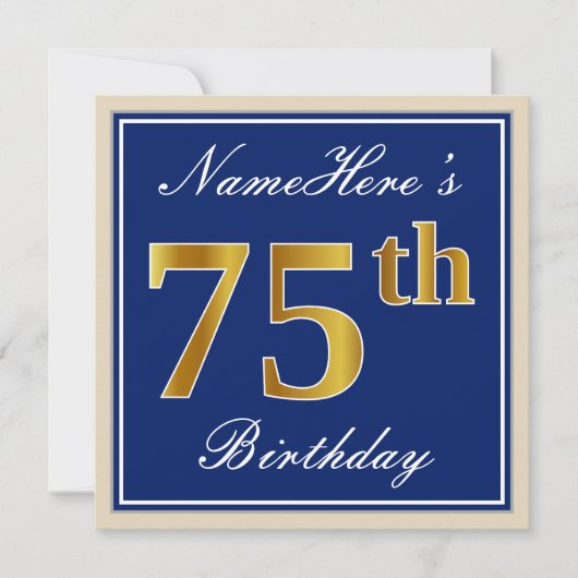 Elegant, blauw, Faux Gold 75th Birthday + naam Kaart (Voorkant)