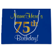 Elegant, blauw, Faux Gold 75th Birthday + naam Large Cadeautasje (Voorkant)
