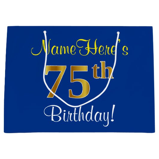 Elegant, blauw, Faux Gold 75th Birthday + naam Large Cadeautasje (Voorkant)