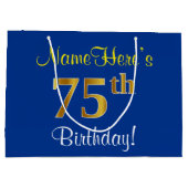 Elegant, blauw, Faux Gold 75th Birthday + naam Large Cadeautasje (Achterkant)