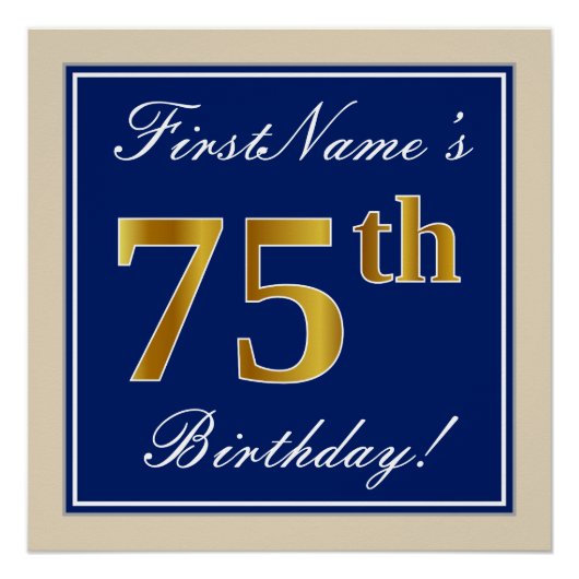 Elegant, blauw, Faux Gold 75th Birthday + naam Perfect Poster (Voorkant)