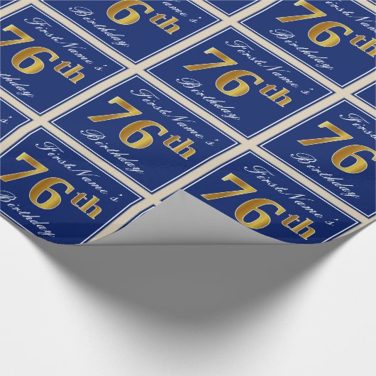 Elegant, blauw, Faux Gold 76th Birthday + naam Cadeaupapier (Hoek)
