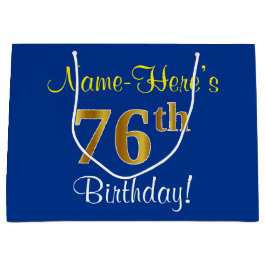 Elegant, blauw, Faux Gold 76th Birthday + naam Groot Cadeauzakje