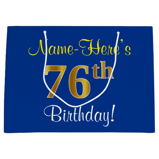 Elegant, blauw, Faux Gold 76th Birthday + naam Groot Cadeauzakje (Voorkant)