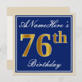 Elegant, blauw, Faux Gold 76th Birthday + naam Kaart (Voorkant / Achterkant)