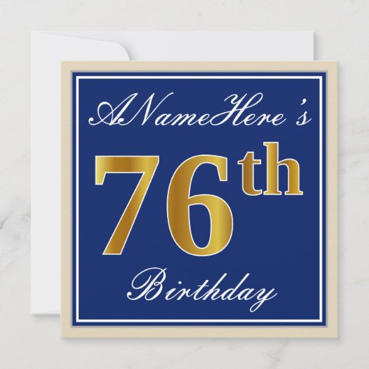 Elegant, blauw, Faux Gold 76th Birthday + naam Kaart (Voorkant)