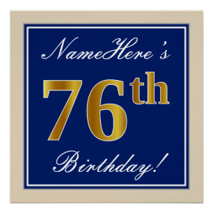 Elegant, blauw, Faux Gold 76th Birthday + naam Poster