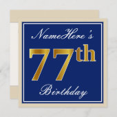 Elegant, blauw, Faux Gold 77th Birthday + naam Kaart (Voorkant / Achterkant)