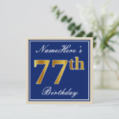 Elegant, blauw, Faux Gold 77th Birthday + naam Kaart (Staand voorkant)