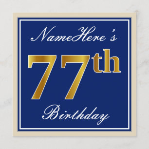 Elegant, blauw, Faux Gold 77th Birthday + naam Kaart