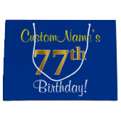Elegant, blauw, Faux Gold 77th Birthday + naam Large Cadeautasje (Voorkant)