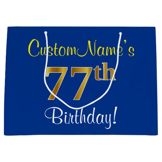 Elegant, blauw, Faux Gold 77th Birthday + naam Large Cadeautasje (Voorkant)