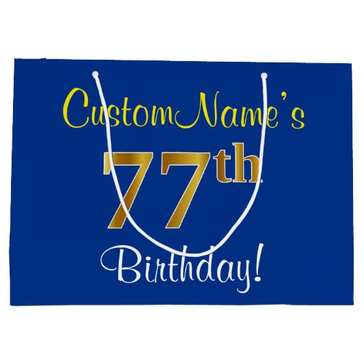 Elegant, blauw, Faux Gold 77th Birthday + naam Large Cadeautasje (Achterkant)