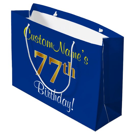 Elegant, blauw, Faux Gold 77th Birthday + naam Large Cadeautasje (Achterkant Gekanteld)
