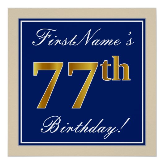 Elegant, blauw, Faux Gold 77th Birthday + naam Perfect Poster (Voorkant)