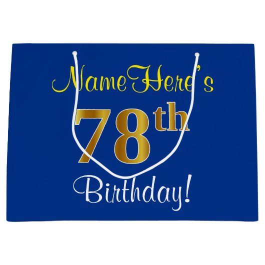 Elegant, blauw, Faux Gold 78th Birthday + naam Groot Cadeauzakje (Voorkant)