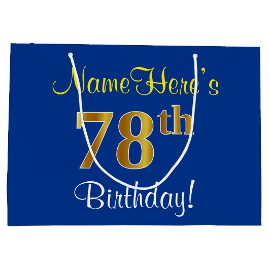 Elegant, blauw, Faux Gold 78th Birthday + naam Groot Cadeauzakje (Achterkant)