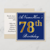 Elegant, blauw, Faux Gold 78th Birthday + naam Kaart (Voorkant / Achterkant)