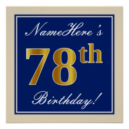 Elegant, blauw, Faux Gold 78th Birthday + naam Perfect Poster