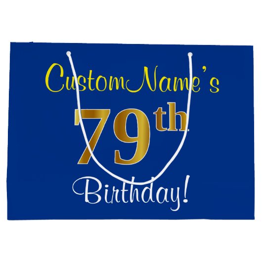 Elegant, blauw, Faux Gold 79th Birthday + naam Groot Cadeauzakje (Achterkant)