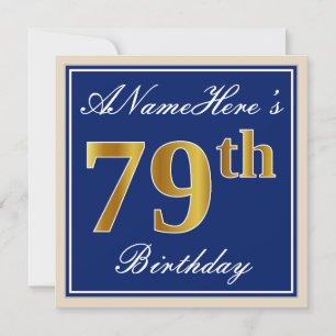 Elegant, blauw, Faux Gold 79th Birthday + naam Kaart
