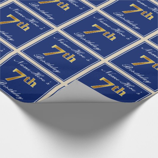 Elegant, blauw, Faux Gold 7th Birthday; aangepaste Cadeaupapier (Hoek)