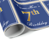 Elegant, blauw, Faux Gold 7th Birthday; aangepaste Cadeaupapier (Rol Hoek)