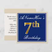 Elegant, blauw, Faux Gold 7th Birthday; aangepaste Kaart (Voorkant / Achterkant)