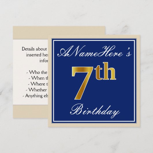 Elegant, blauw, Faux Gold 7th Birthday; aangepaste Kaart (Voorkant / Achterkant)