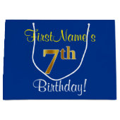 Elegant, blauw, Faux Gold 7th Birthday; aangepaste Large Cadeautasje (Voorkant)