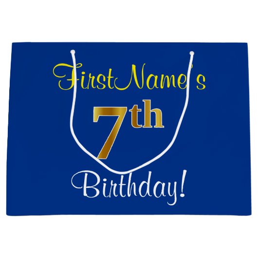 Elegant, blauw, Faux Gold 7th Birthday; aangepaste Large Cadeautasje (Voorkant)