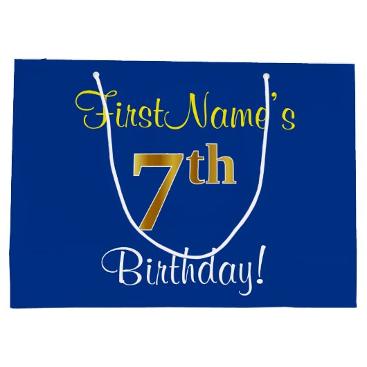 Elegant, blauw, Faux Gold 7th Birthday; aangepaste Large Cadeautasje (Achterkant)